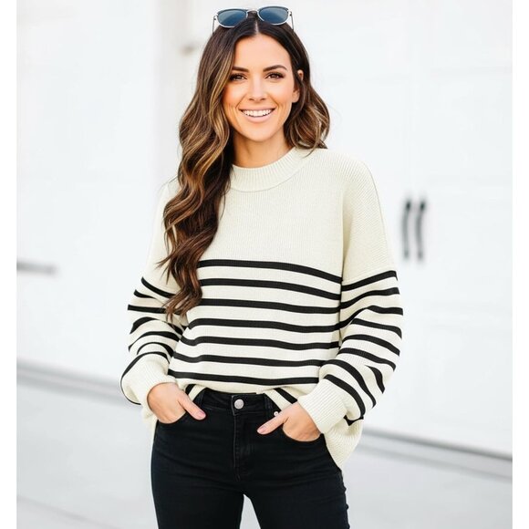 Women's Apricot Batwing Long Sleeve Crew Neck Striped Oversized Pullover Sweater - Picture 3 of 5